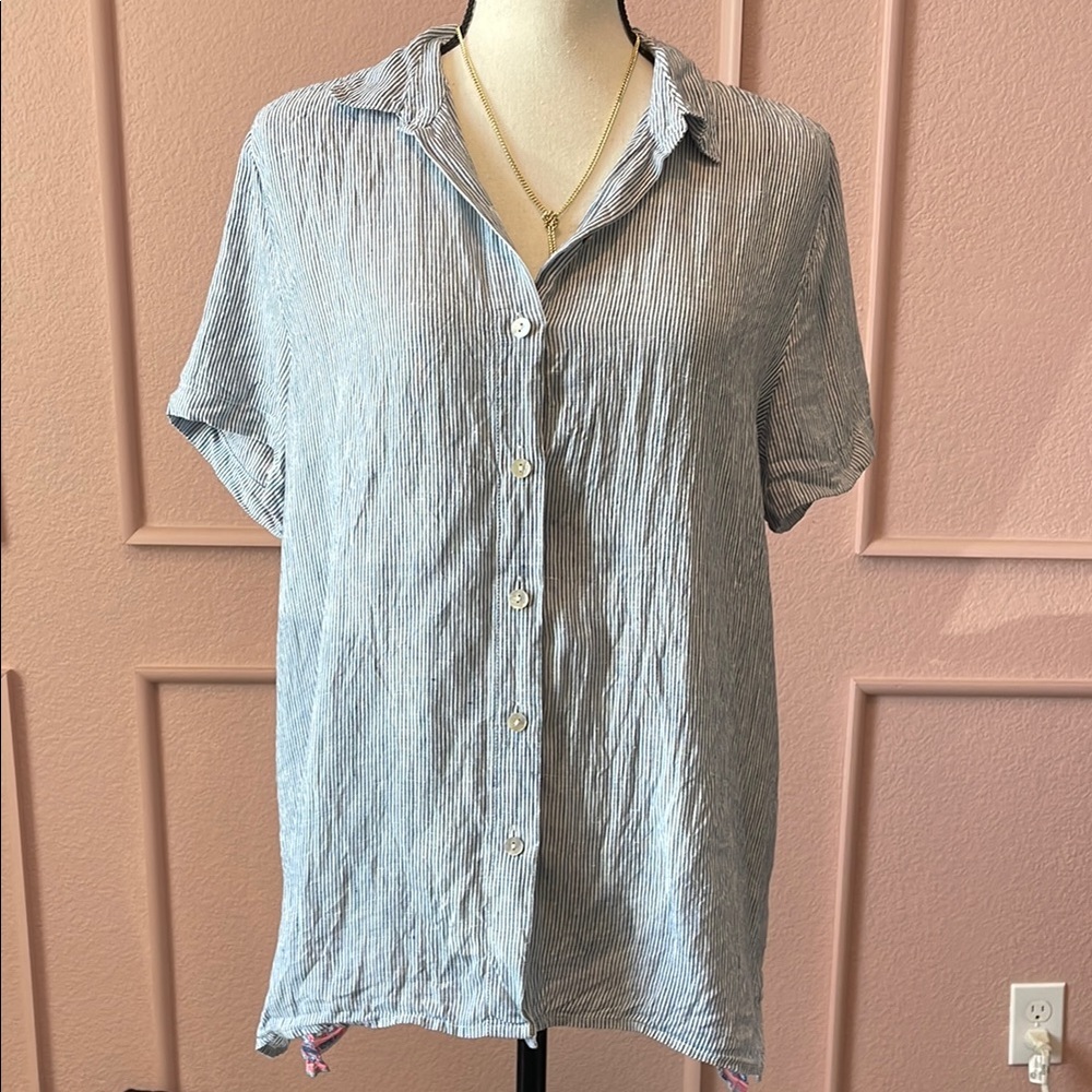J.Jill Linen Blue White Striped Short Cap Sleeve Button Down Foral Back Top M